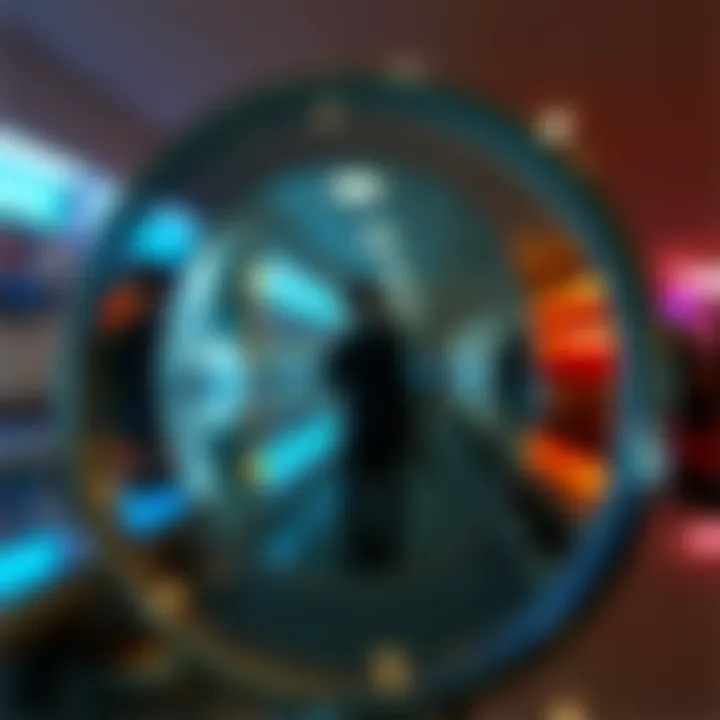 Mirror reflection with objects A close-up of a mirror showing a reflection of objects that seem close but are further away, creating an optical illusion.