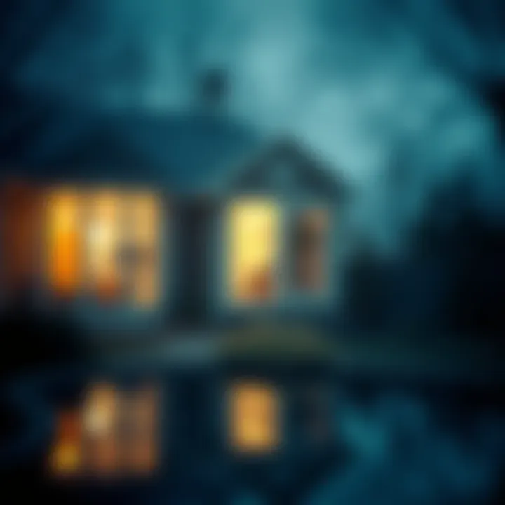 A blurred view of a familiar home during nighttime, reflecting memories and emotions in a dreamlike setting.