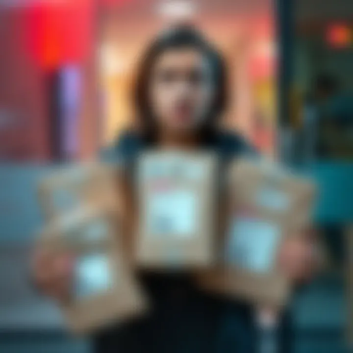 A person looks confused while holding several packages, each labeled with different names but all delivered to the same address.