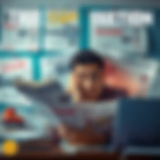 A person looking confused while reading news articles with headlines showing false information. Books and a laptop are nearby, symbolizing research and critical thinking.
