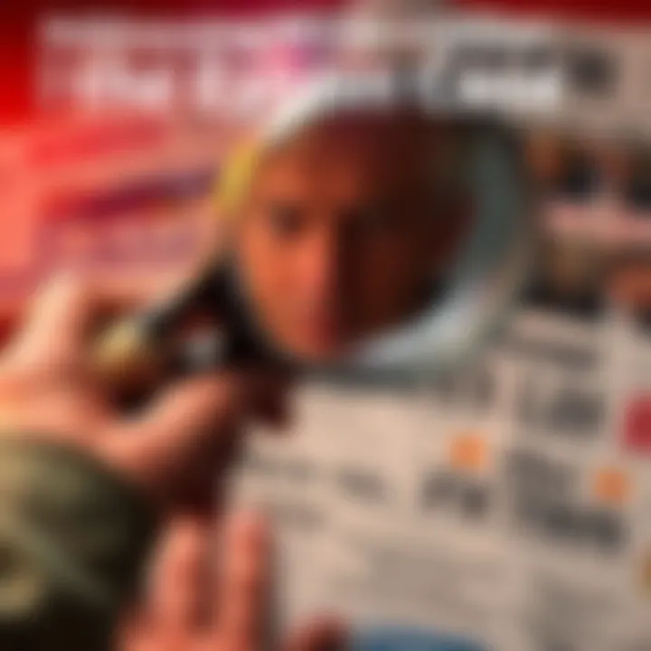 A person holding a magnifying glass over newspaper headlines about the Epstein case, highlighting facts and rumors.