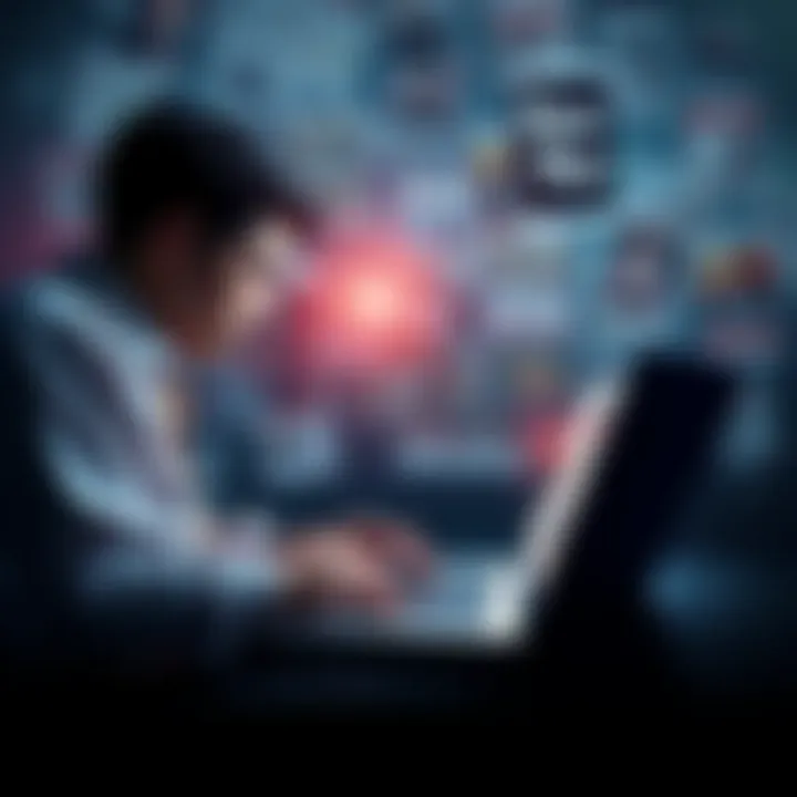 A person looking at news articles on a laptop, surrounded by misleading headlines and social media posts.