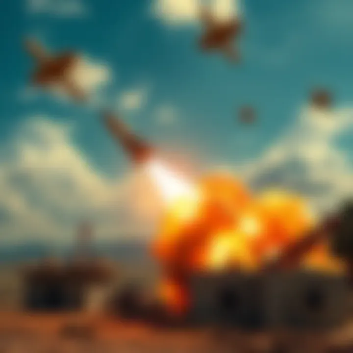 A depiction of a missile strike showing unidentified flying objects labeled as 'hammers' in the sky above a construction site.