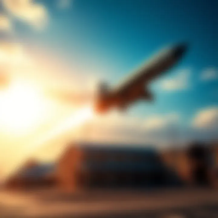 A missile classified as a Blue Sparrow or similar type soaring through the sky above a school, illustrating its steep descent and speed characteristics.