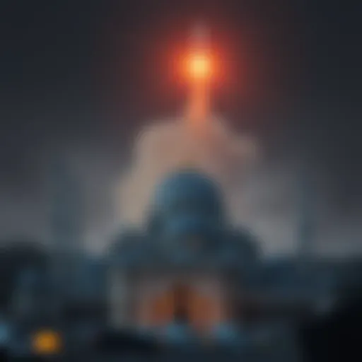 A missile aimed at the Al Aqsa mosque with smoke in the background, symbolizing tension in the region.