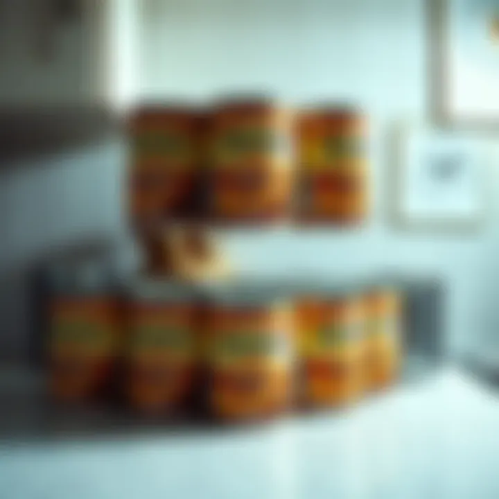 Cans of Hominy on Kitchen Counter A kitchen counter with eight cans of hominy stacked, showing an empty space where kidney, black, cantinelli, and pinto beans should be, creating a sense of confusion and curiosity.