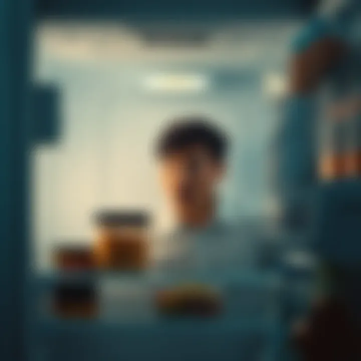 A person looks shocked at an empty fridge with a lunch container missing.