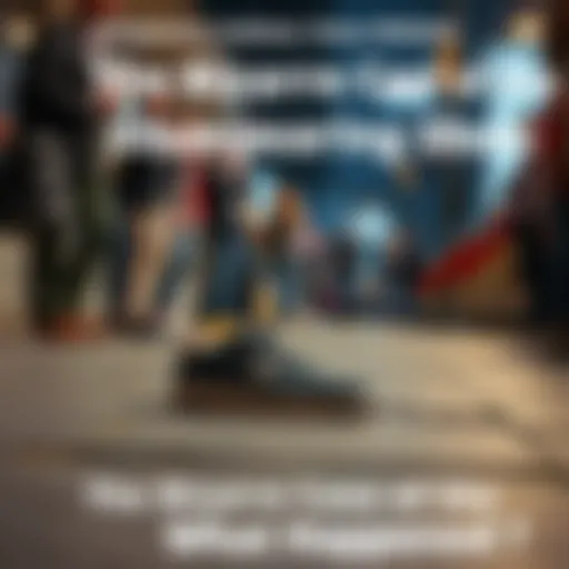 A single shoe lying on the sidewalk, surrounded by curious onlookers, as they discuss its sudden disappearance.