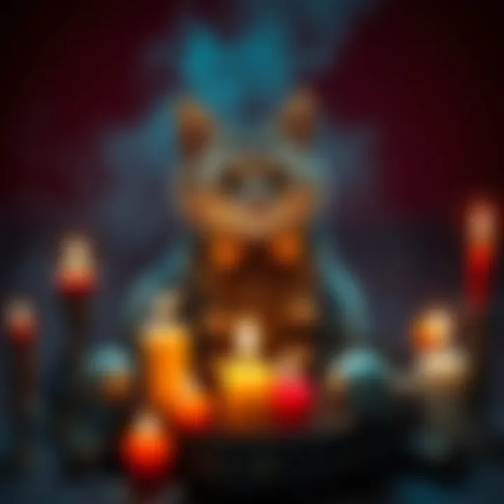 A missing cat named Beelzebub surrounded by candles and offerings on a small altar, as the owner seeks spiritual help to find her.