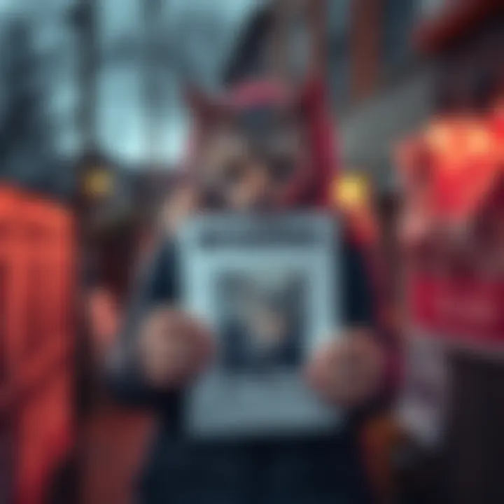 A heartbroken person holds a sign with a picture of their missing cat Jon Snow, surrounded by other search posters in a neighborhood.