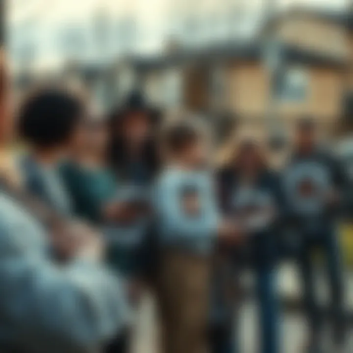 A group of people holding flyers with Sebastian Rogers' photo, searching in a neighborhood, looking concerned.