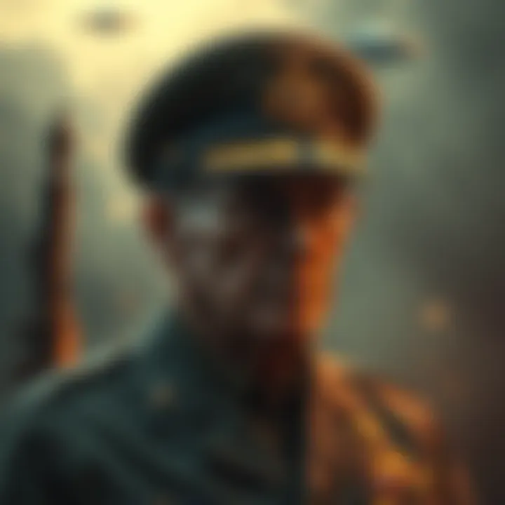 A somber scene depicting a retired USAF general in uniform, with a background hinting at UFOs and a sense of uncertainty, reflecting on his recent disappearance.