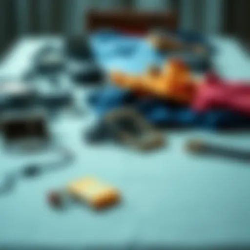 A table with various missing items including clothes and a belt clasp, showing empty spaces where items once were