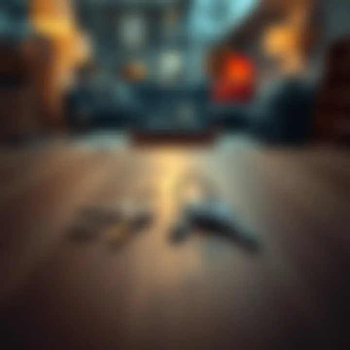 A pair of keys lying on a wooden table, with a blurred background of a living room.