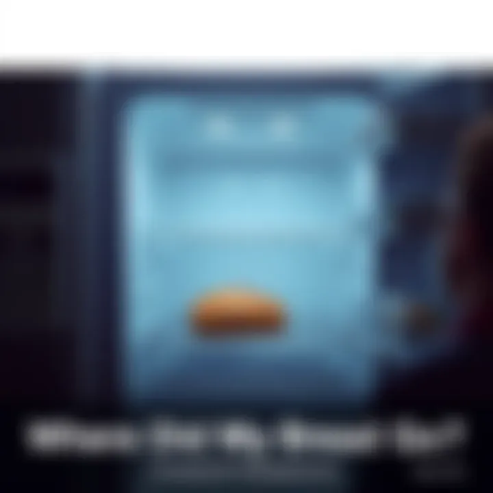 A refrigerator with an empty shelf where a loaf of bread should be, showing a confused person looking inside