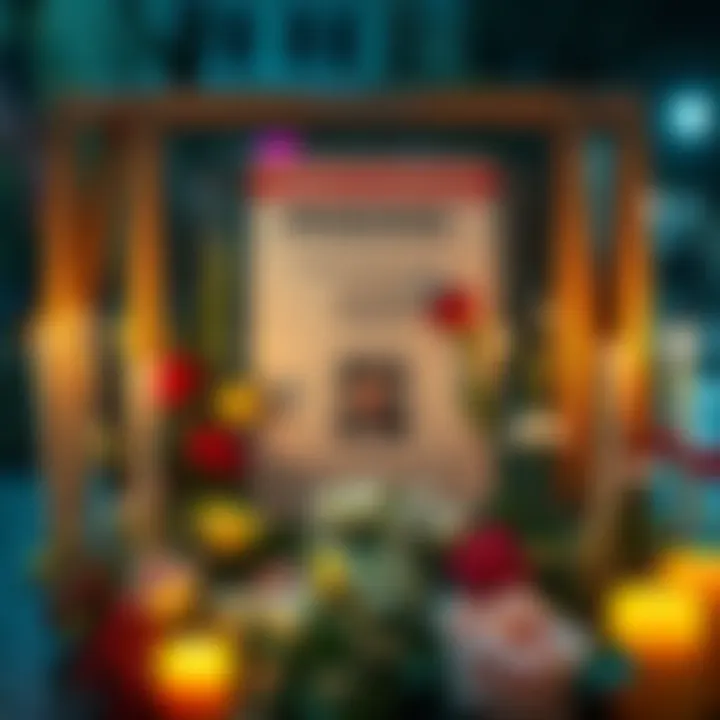 Missing Person Notice A notice board displaying a missing person flyer for DeOrr Kunz Jr., surrounded by fresh flowers and candles, symbolizing hope and remembrance.
