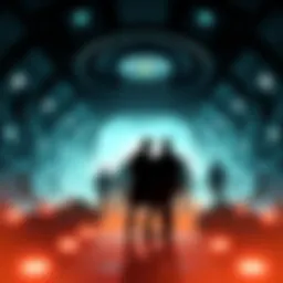 Illustration of a silhouette of scientists disappearing into a dark underground facility with alien symbols around, representing the connection to extraterrestrial activity.
