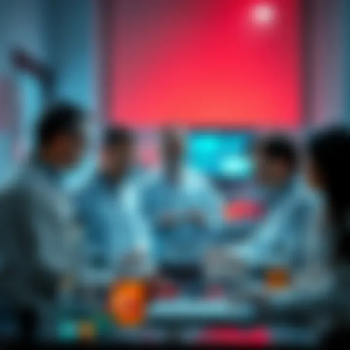 A group of scientists with lab equipment discussing in a conference room, highlighting the investigation into 10 missing or dead scientists