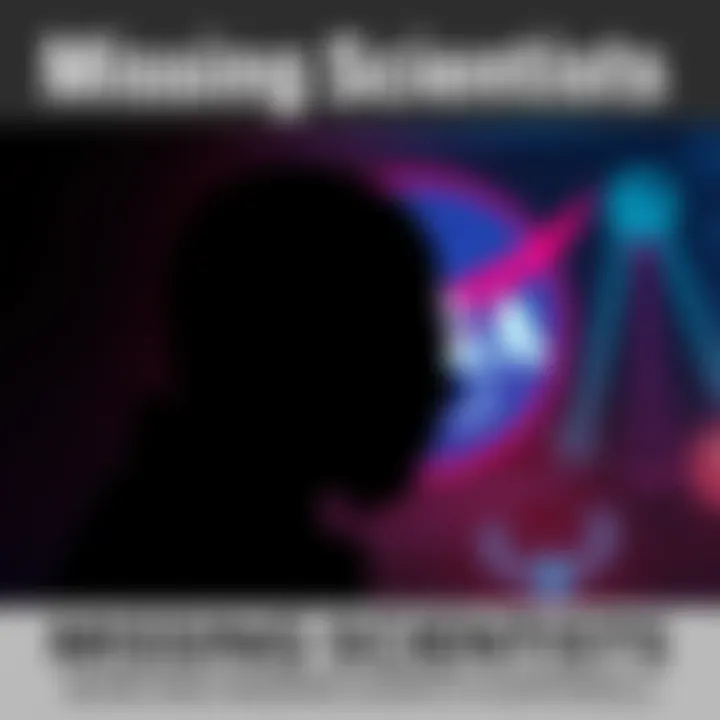 A darkened silhouette of a scientist with a backdrop of a NASA logo and defense symbols, representing the growing concerns over missing and dead scientists.