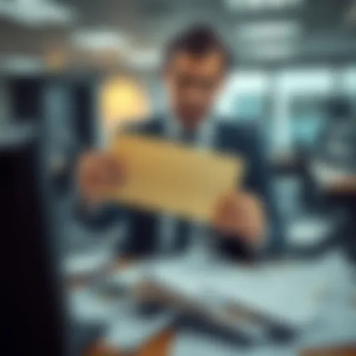 An office worker looks confused while holding an empty envelope in an office setting, surrounded by papers scattered on a desk.