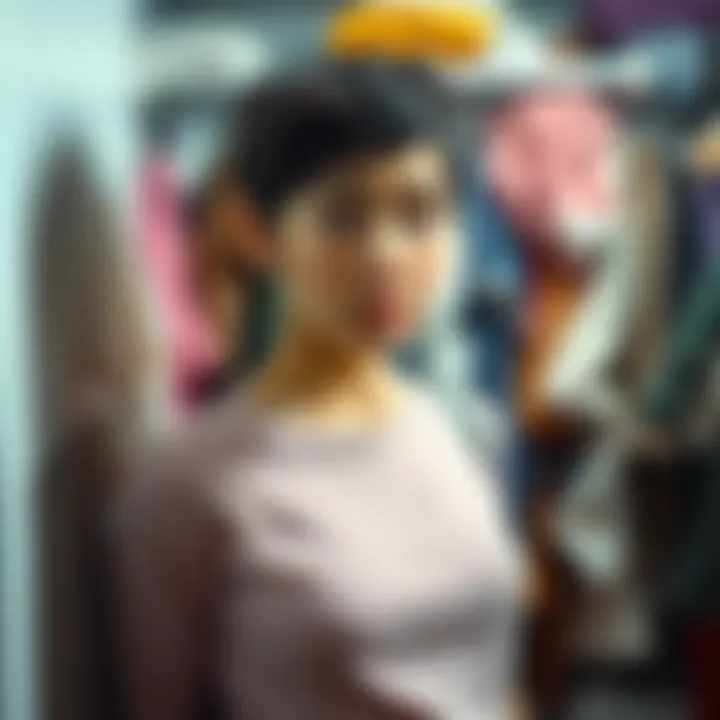 A person looking confused while searching through a messy closet filled with clothes, wondering where their skirt is.