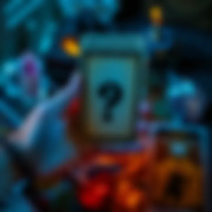 Missing Tarot Card A hand holding a tarot card with a question mark, surrounded by other tarot cards and crystals