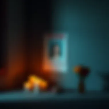 A quiet, dimly lit room with a missing person poster of Karlie Guse taped to the wall, surrounded by flickering candles and flowers, symbolizing hope.