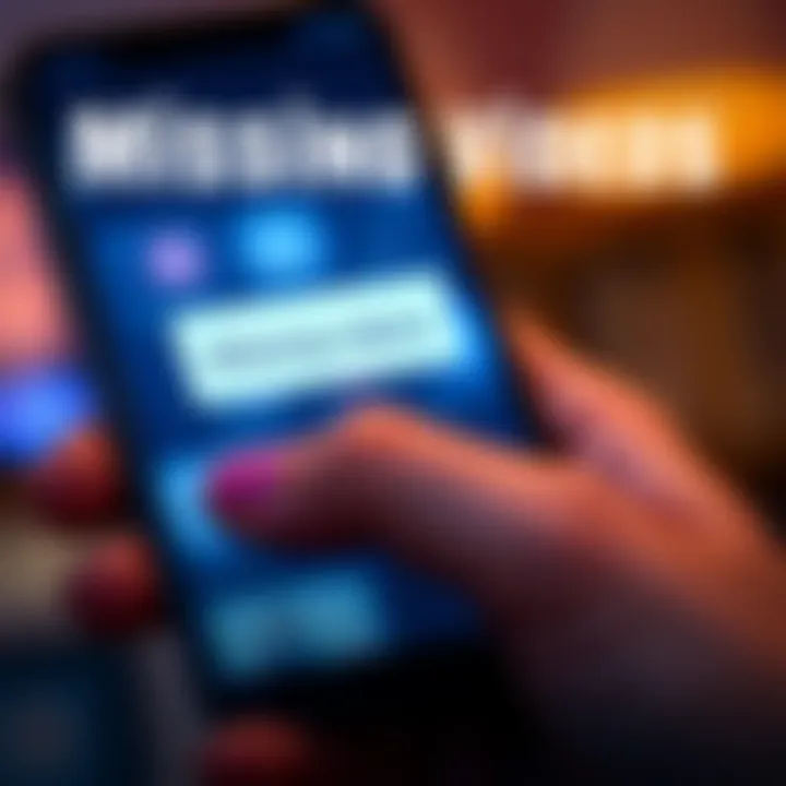 A close-up of a phone screen showing an error message about missing videos, with a concerned hand holding the device.