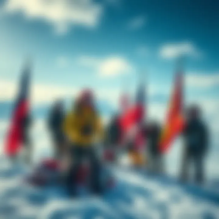 A group of people preparing for an expedition to Antarctica with flags and gear, showcasing determination and teamwork.
