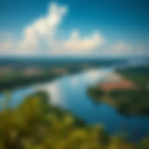 A view of the Mississippi River surrounded by lush farmland, showcasing fertile lands ideal for a time-traveling society