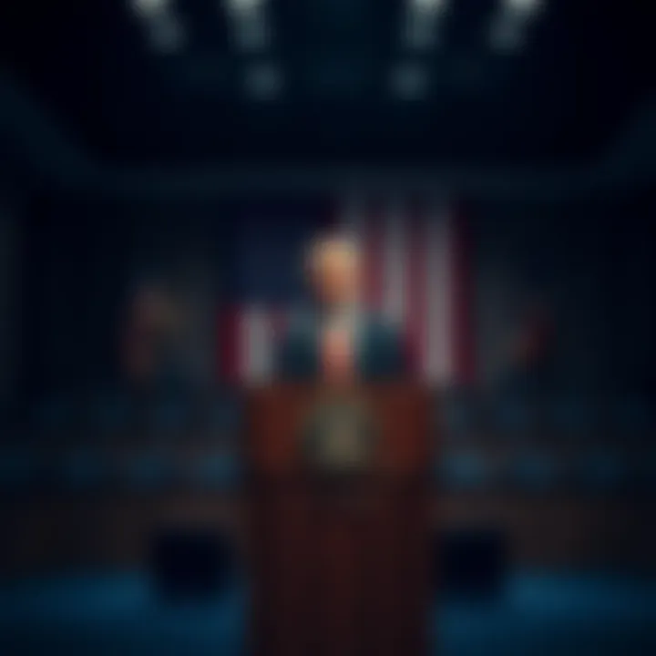 Mitch McConnell speaking at a podium in an empty room, with an American flag in the background.