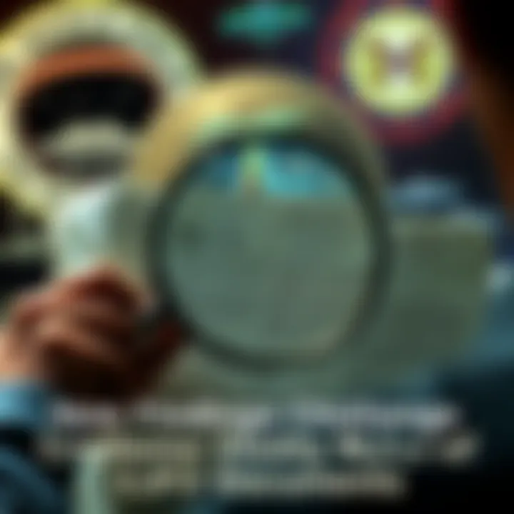 A person closely examines a document labeled MJ-12 with a magnifying glass, showing signs of wear and annotations. Background features blurry images of UFOs and government seals.
