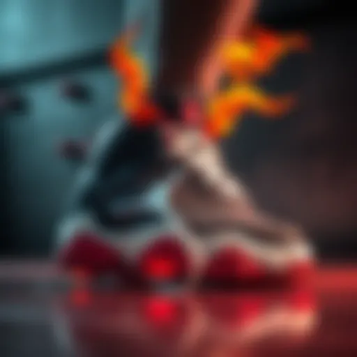 A close-up of Michael Jordan's latest shoe featuring infernal imagery and a devilish style code