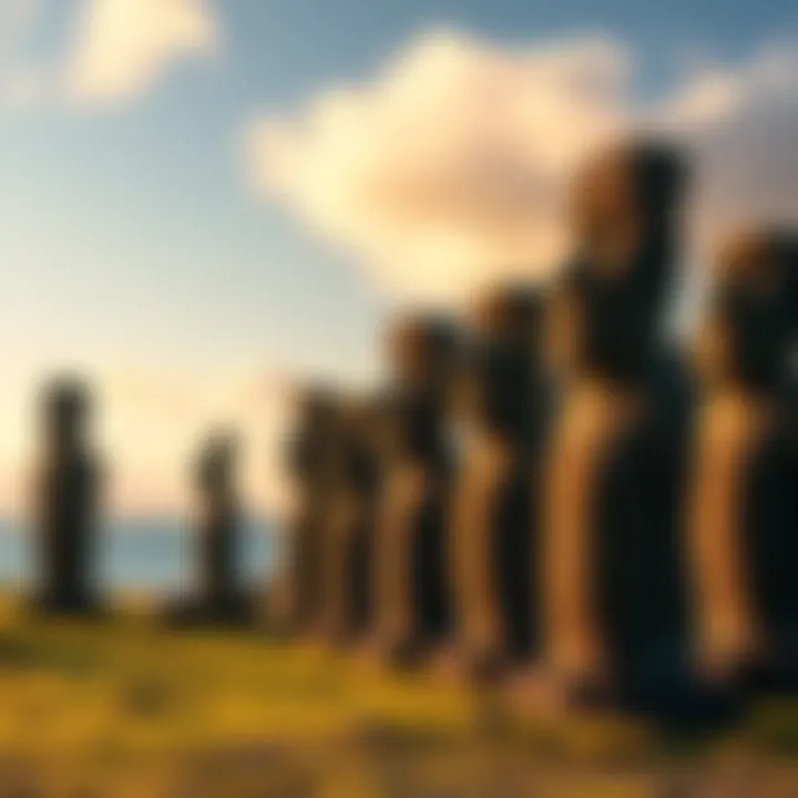 A group of Moai statues standing tall against the ocean backdrop on Easter Island, showcasing their impressive stone craftsmanship.