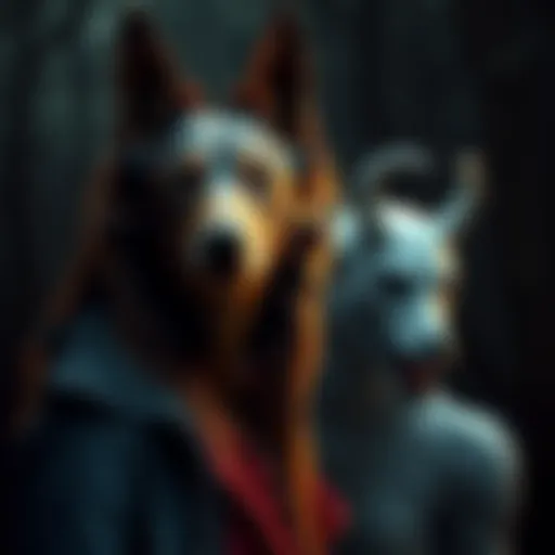A depiction of the Mobile Dogwoman with a woman's face and dog-like features alongside the Alabama White Thang, an albino creature in a dark wooded area.