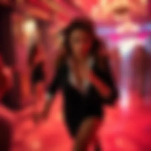 A Spanish model looks distressed as she runs away from a lavish party scene, hinting at dark activities within.