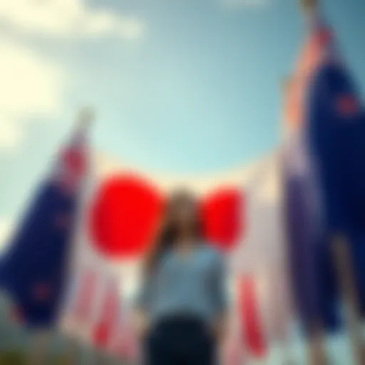 A model standing between the flags of Japan and New Zealand, looking thoughtful about her career choice.