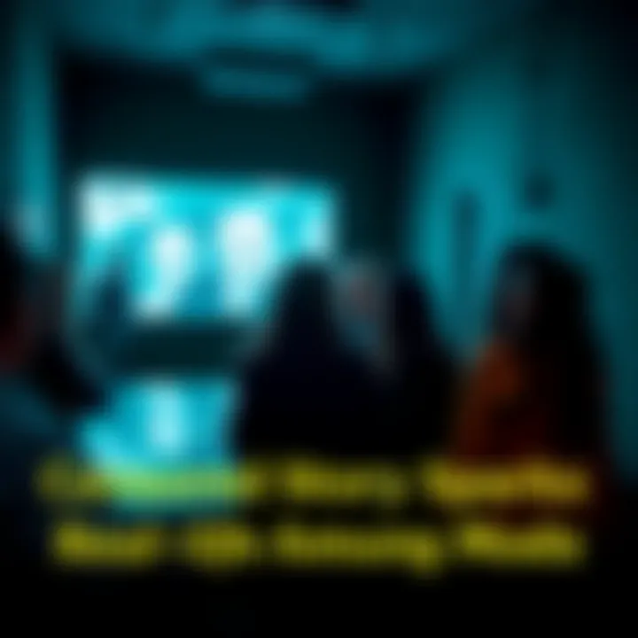 A group of concerned moderators gathered in a dimly lit room, looking at a glowing screen that displays mysterious reflections. Some appear anxious as they discuss strange occurrences.