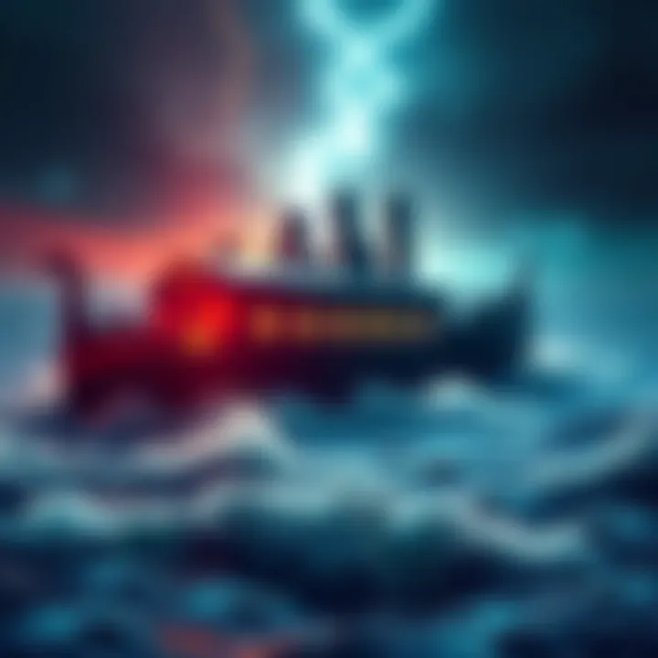 A symbolic representation of a large ark on turbulent waters, surrounded by various animals and people, illustrating the theme of survival after a flood.