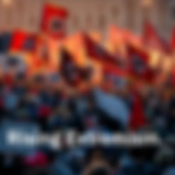 A large gathering of people at a rally, displaying flags and signs with extremist symbols and messages, indicating a rise in extremist views.
