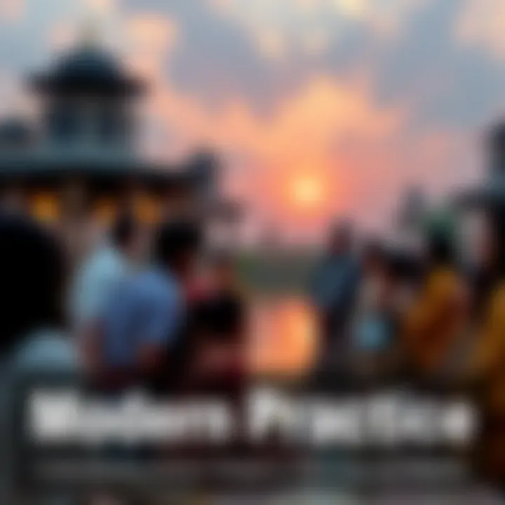 A group of people performing a community ritual in a serene setting, blending ancient traditions with modern beliefs.