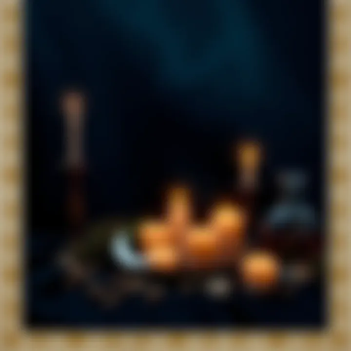 Modern Worship of Hecate A candlelit altar featuring symbols of Hecate, including a crescent moon, keys, and herbs, surrounded by shadows and soft light, representing her connection to the night and crossroads.