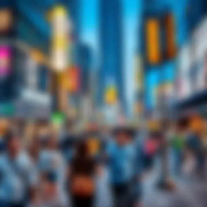 A bustling urban scene showing people engaging in daily activities in a contemporary city setting.