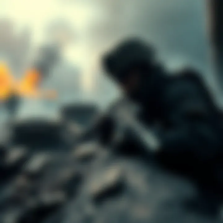A soldier in a war-torn environment with smoke and debris around, representing the harsh realities of modern warfare