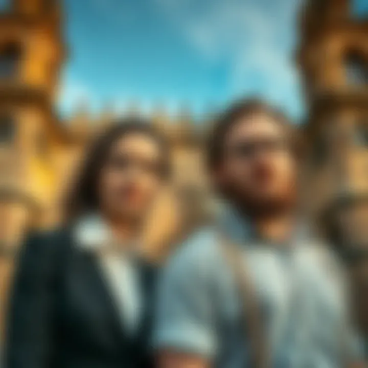 A modern couple, a woman with dark hair and a man with a beard, standing in front of a historic building, drawing parallels to Shakespeare and Hathaway.