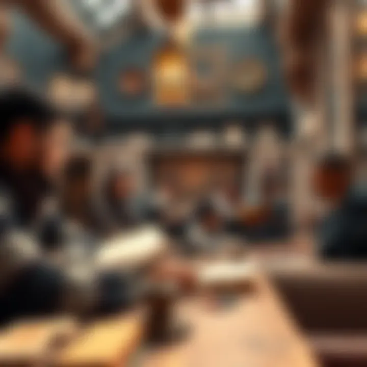 A group of young Egyptians discussing their history in a cafe, surrounded by books and artifacts