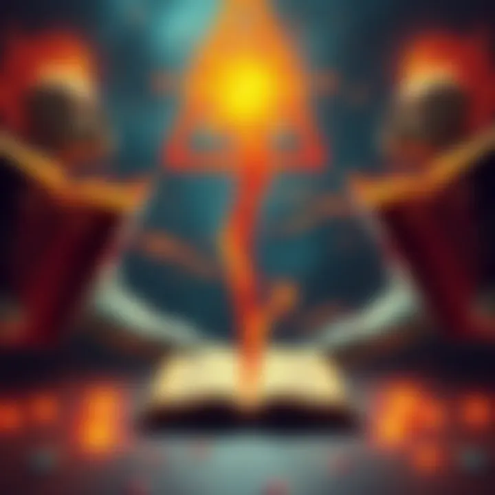 An illustration showing a split between ancient philosophical texts and modern conspiracy symbols, depicting the clash of ideas in Gnostic thought.