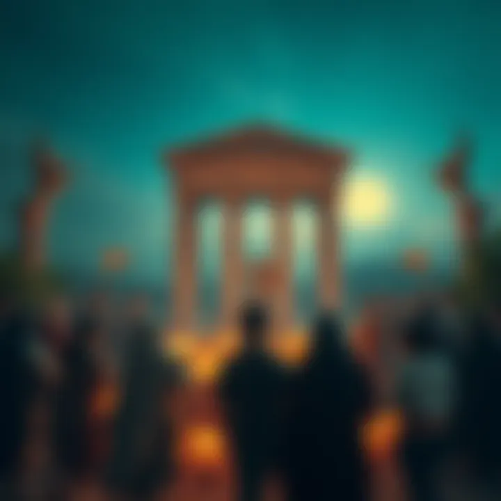A group of people engaged in a modern Hellenism ritual, surrounded by Greek symbols and nature, reflecting their beliefs and practices.