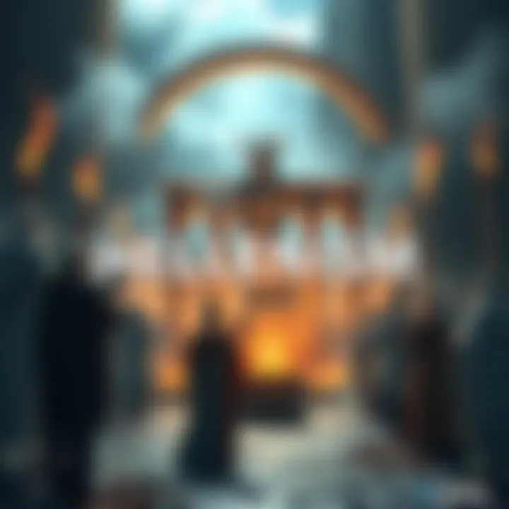 A group of people participating in a Hellenistic worship ceremony, surrounded by symbols of ancient Greek mythology and nature.