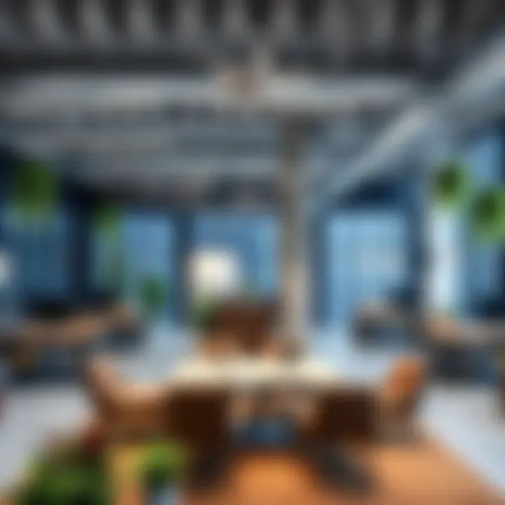An open-plan office with creative arrangements, featuring collaborative workspaces, greenery, and comfortable furniture.